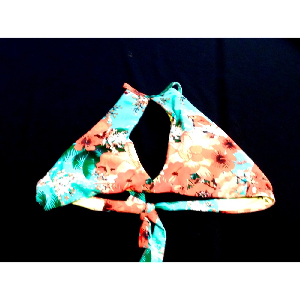 Relleciga Tropical Floral High Neck Halter Bikini Top Turquoise Orange Size‎ M